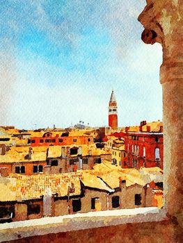 Watercolor representing a view of Venice from the balcony of a historic building in the historic center