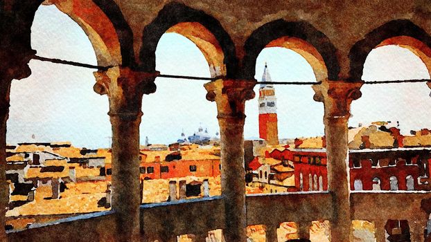 Watercolor representing a view of Venice from the balcony of a historic building in the historic center