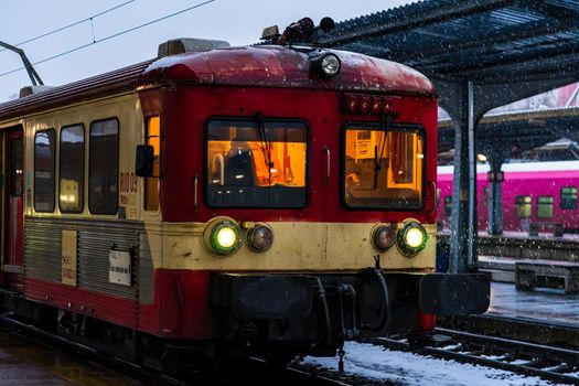 Winter detail train view. Train on the platform of Bucharest North Railway Station (Gara de Nord Bucuresti) in Bucharest, Romania, 2021