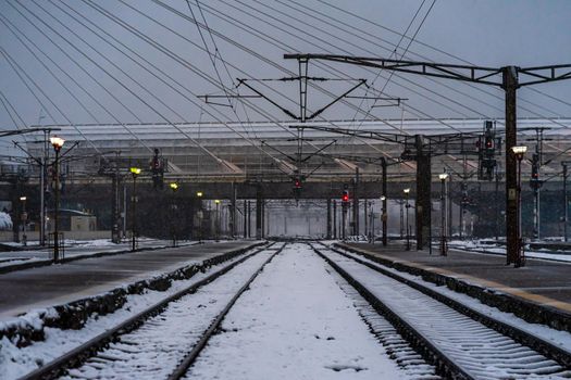 Northern Railway Station (Gara de Nord) during a cold and snowy day in Bucharest, Romania, 2021