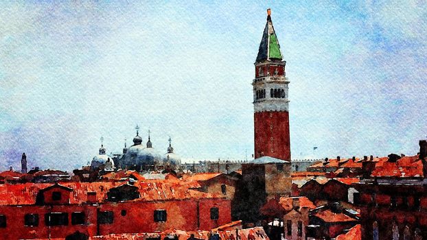 Watercolor representing a view of the tower and roofs of the cathedral of Venice from the balcony of a historic building in the historic center