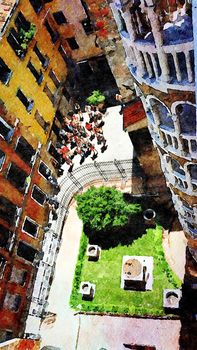 Watercolor representing a view of the courtyard of a historic building in the historic center of Venice