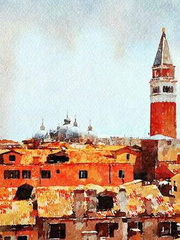 Watercolor representing a view of the tower and roofs of the cathedral of Venice from the balcony of a historic building in the historic center