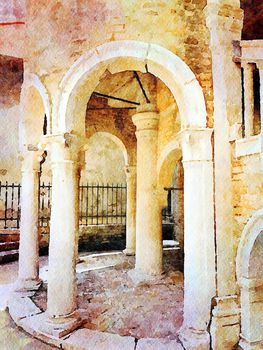 Watercolor representing the arched entrance of a historic building in the historic center of Venice