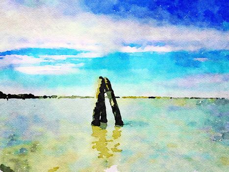 Watercolor representing the reference poles in the Venice lagoon