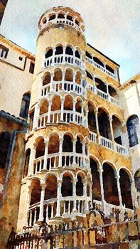 Watercolor that represents the glimpse of a historic building with tower and arches in the center of Venice