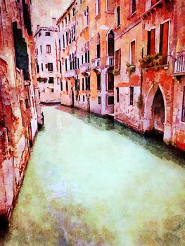 Watercolor which represents a glimpse of the small canals between the historic buildings in the center of Venice