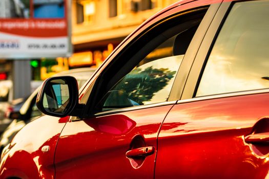 Car traffic at rush hour in downtown area of the city. Car pollution, traffic jam in the morning and evening in the capital city of Bucharest, Romania, 2021