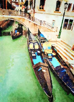 Watercolor representing gondolas parked in one of the small canals in the historic center of Venice