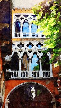 Watercolor representing the main facade of a historic building in the historic center of Venice