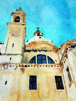 Watercolor which represents a glimpse of one of the cathedrals in the historic center of Venice