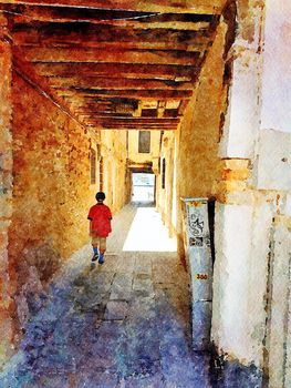 Watercolor representing a alleyway in the historic center of Venice