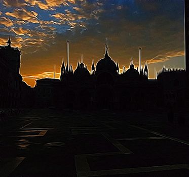 Digital color painting style representing the square of Venice during sunrise