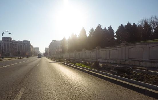 Changes and complications caused by coronavirus epidemy, world without crowds, virus empties streets. No traffic jam, no pollution, empty streets in downtown Bucharest, Romania, 2020