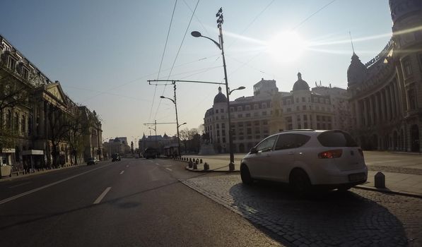 Changes and complications caused by coronavirus epidemy, world without crowds, virus empties streets. No traffic jam, no pollution, empty streets in downtown Bucharest, Romania, 2020