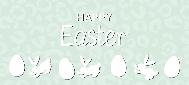 Easter background with eggs, rabbit. Happy Easter banner. Template design for greeting card, postcard, header for website, wallpaper, poster. Holiday modern frame. Vector stock illustration.