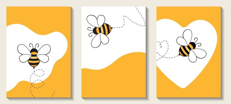 Web banner with drawn cartoon bee mascot. Incest concept design. Bees flying on a dotted route. Wasp collection. Modern collection of contemporary posters. Vector illustration for social media, print.