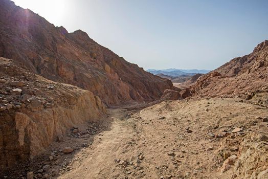 Landscape scenic view of canyon valley in desolate barren eastern desert mountain range in Egypt