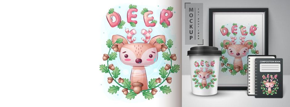 Deer in leaf poster and merchandising. Vector eps 10