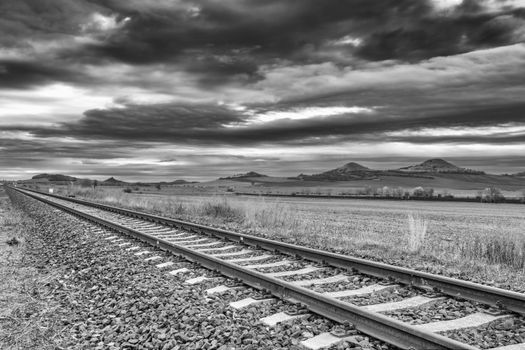 Empty train station in Central Bohemian Uplands, Czech Republic. Central Bohemian Uplands is a mountain range located in northern Bohemia. The range is about 80 km long