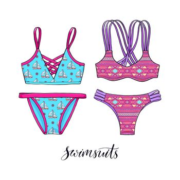 set of two beautiful swimsuits with bright prints. hand-drawn illustration