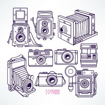 set with different vintage cameras. hand-drawn illustration