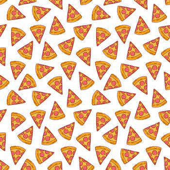 cute seamless background of delicious pizza slices. hand-drawn illustration