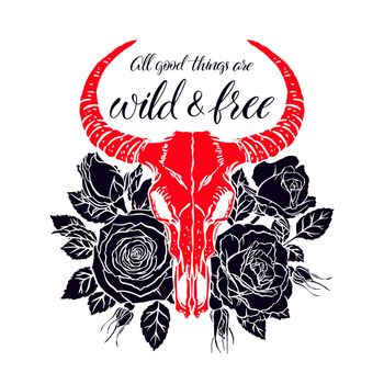 Wild and free. Vintage animal skull with horns and pink roses. Hand-drawn illustration
