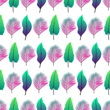 seamless background of different colorful tropical leaves on white background