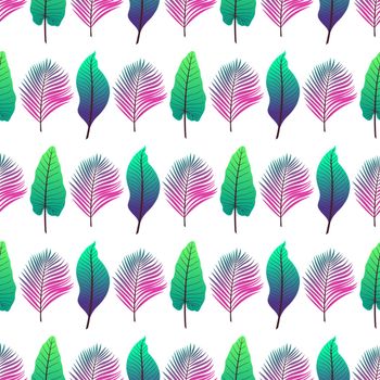 seamless background of different colorful tropical leaves on white background