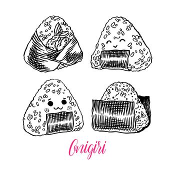 Asian food. Cute set of different sketch onigiri. Hand-drawn illustration