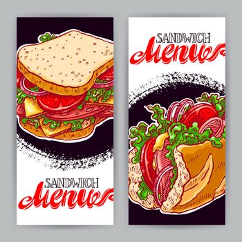 Two vertical banners with delicious sandwiches. hand-drawn illustration
