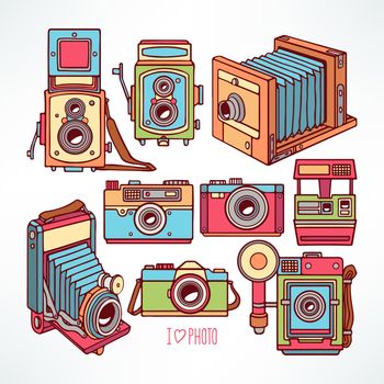 set with different vintage colorful cameras. hand-drawn illustration