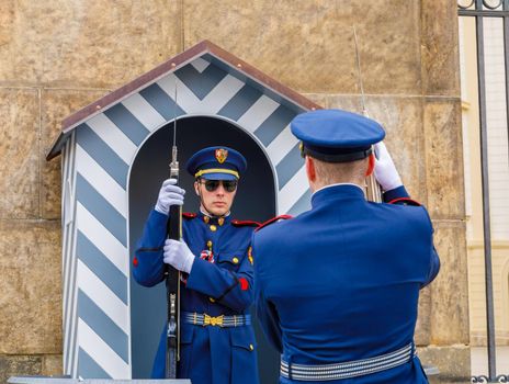 Changing of the guard at the post of honor in the Czech Republic. Suitable for men in military uniform. Prague, Czech Republic April 14, 2018