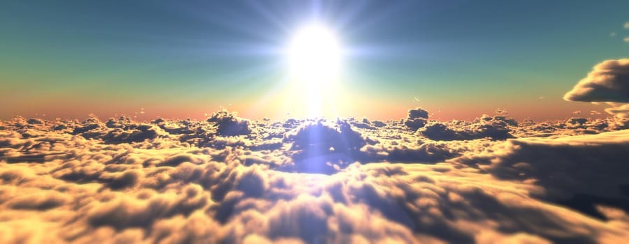 above clouds fly sunset sun ray illustration, 3d render