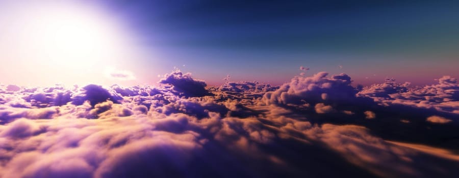 above clouds fly sunset sun ray illustration, 3d render