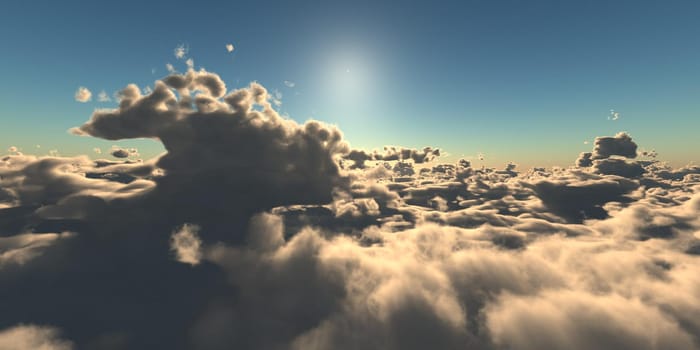 fly above clouds sunset landscape, 3d render illustration