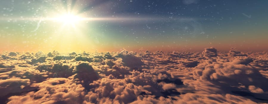 above clouds fly sunset sun ray illustration, 3d render