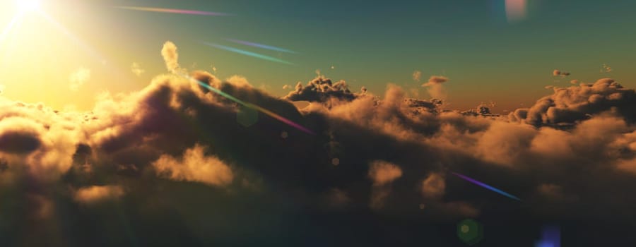 above clouds fly sunset sun ray illustration, 3d render