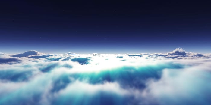 dream fly above clouds ray light, 3d rendering illustration