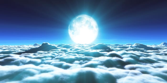 above clouds full moon illustration, 3d rendering