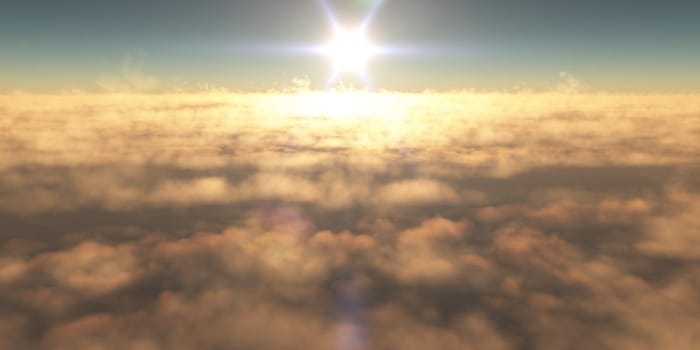 fly above clouds sunset landscape, 3d render illustration