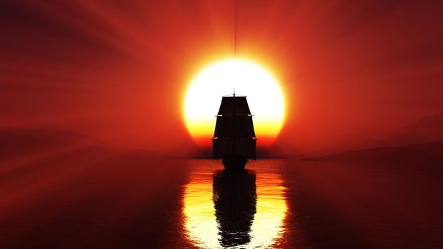 old ship at sea sunset, 3d render illustration