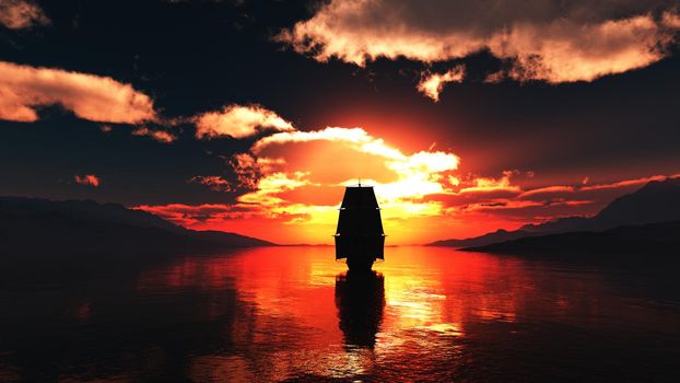 old ship at sea sunset, 3d render illustration