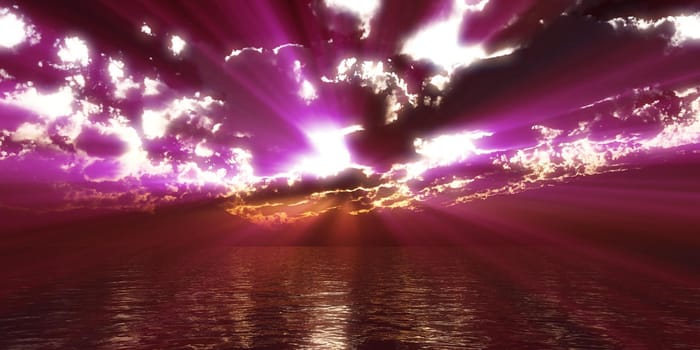 sunset sea sun ray clouds, 3d rendering illustration