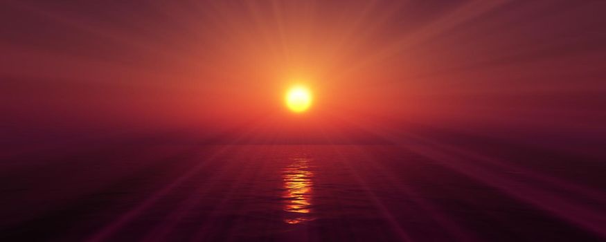 sunset sea sun ray clear sky, 3d rendering illustration