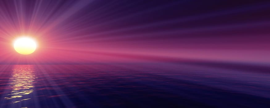 sunset sea sun ray clear sky, 3d rendering illustration