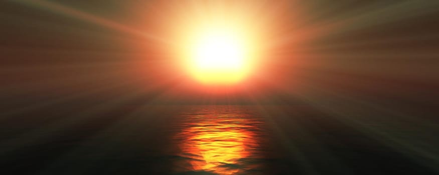 sunset sea sun ray clear sky, 3d rendering illustration