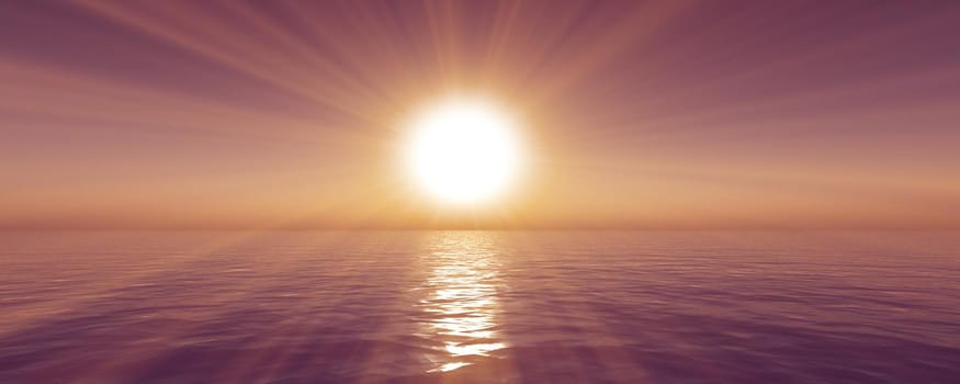 sunset sea sun ray clear sky, 3d rendering illustration