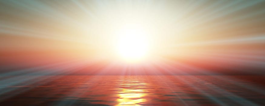 sunset sea sun ray clear sky, 3d rendering illustration